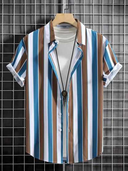 Summer Fashion Men's Casual Short Sleeve Shirts Men's Commuting Daily Wear Striped Printed Tops Extra Large Size S-5XL