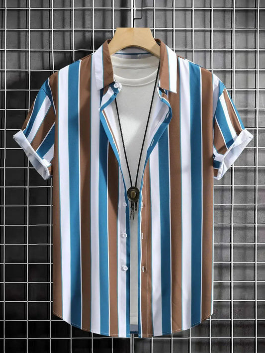 Summer Fashion Men's Casual Short Sleeve Shirts Men's Commuting Daily Wear Striped Printed Tops Extra Large Size S-5XL