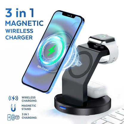 3 in 1 Magnetic Wireless Charger Stand for IPhone 15 14 13 12 Pro Max IWatch AirPods Station Dock MagSafe Fast Charging Station