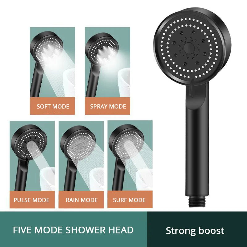 5 Mode Adjustable High Pressure Shower One-key Stop Water Massage Shower Head Water Saving Black Shower Bathroom Accessories