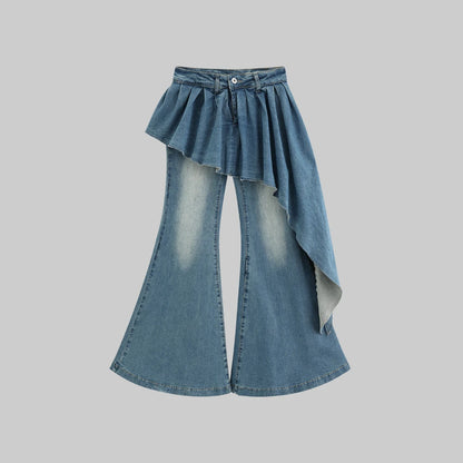 WARDEN EDGE Asymmetric Pleated Denim Flared Pants Low Waist Wide Leg Dragging Style Sleek Urban Design for Streetwear Aesthetic