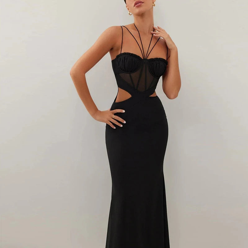 Spaghetti Strap Cut Out Long Dress Elegant Corset Evening Party Dress For Women Backless Sheer Bodycon Maxi Dress Black