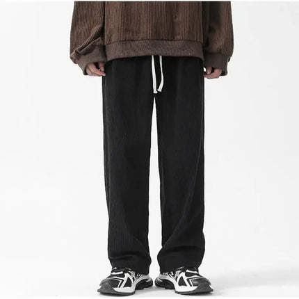 Autumn Winter Casual Soft Men Elastic Loose Drawstring Wide-legged Pants Warm College Style Corduroy Warm