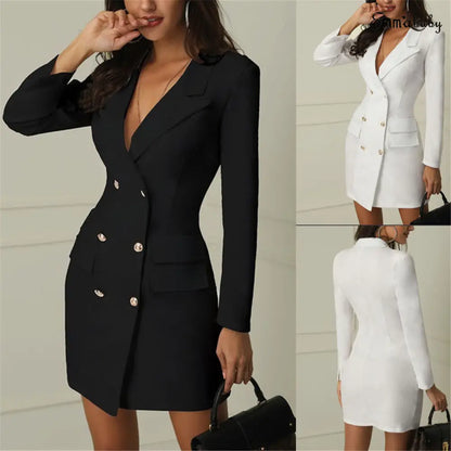 Women Elegant Office Dresses Casual Blazer White Black Dress 2023 Autumn Winter Slim Suit Ladies Dresses