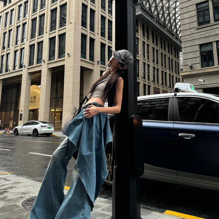 WARDEN EDGE Asymmetric Pleated Denim Flared Pants Low Waist Wide Leg Dragging Style Sleek Urban Design for Streetwear Aesthetic