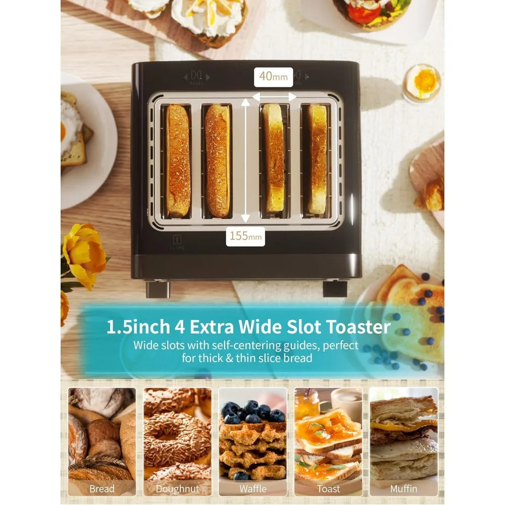 Toaster 4 Slice,Led Display Touchscreen Bagel Toaster with Dual Control Panels of Bagel/Reheat/Defrost/Cancel/Toasting