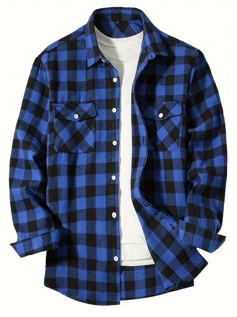 Spring and Autumn Fashion Cotton Long Sleeve Men's Shirt New Brushed Red Plaid Business Leisure Fit Flannel No iron