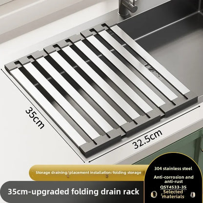 304 stainless steel kitchen sink drain rack, sink bowl and dish storage rack, foldable and retractable drain basket