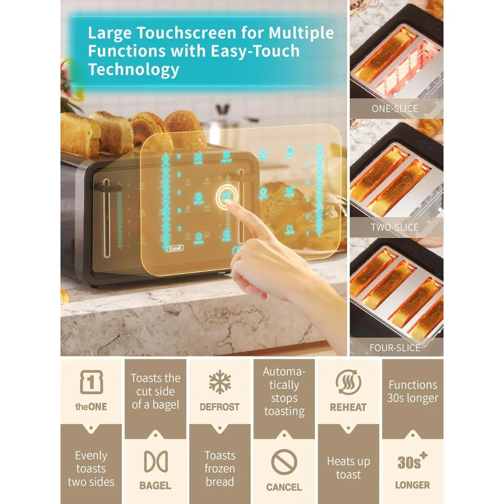 Toaster 4 Slice,Led Display Touchscreen Bagel Toaster with Dual Control Panels of Bagel/Reheat/Defrost/Cancel/Toasting