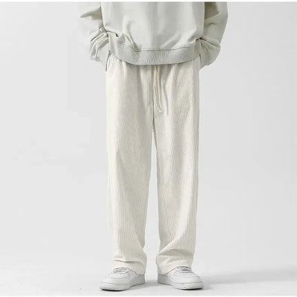 Autumn Winter Casual Soft Men Elastic Loose Drawstring Wide-legged Pants Warm College Style Corduroy Warm