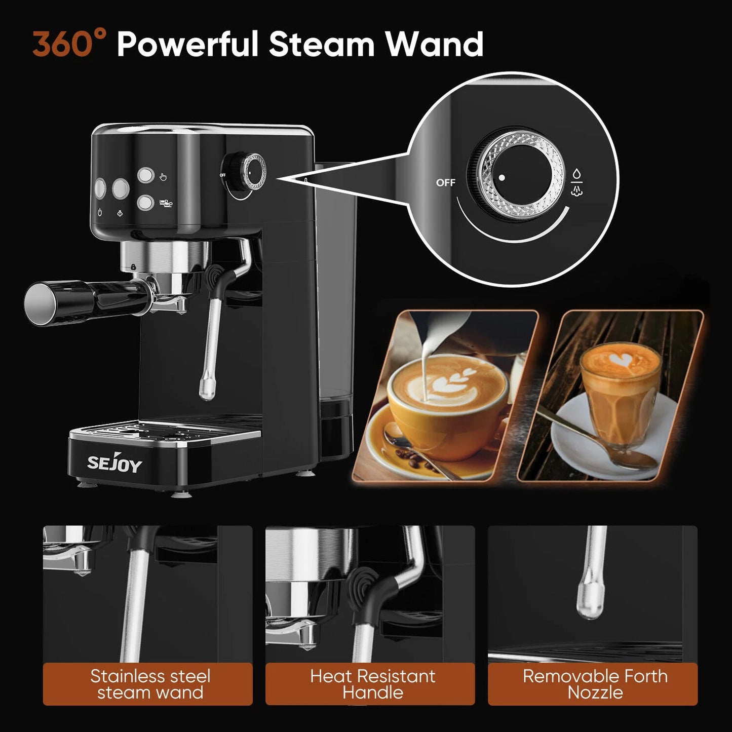 SEJOY Espresso Machine, Professional Espresso Maker with Milk Frother Steam Wand, Compact Espresso Coffee Machine