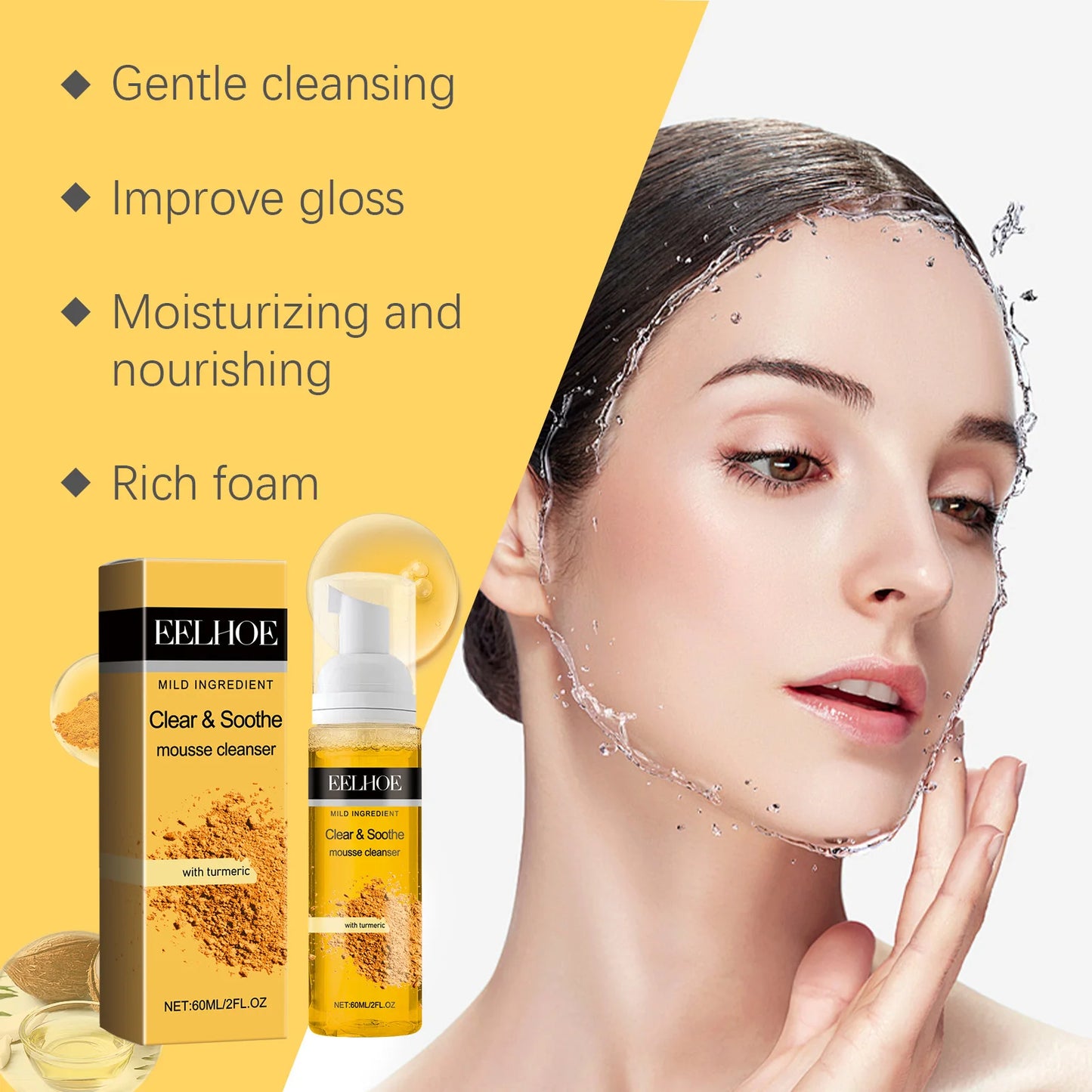 Turmeric Cleansing Mousse Foam Facial Cleanser Gentle Non Irritating Clean Pores Dirt Moisturize & Not Tighten Face Care Product