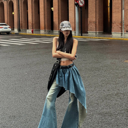 WARDEN EDGE Asymmetric Pleated Denim Flared Pants Low Waist Wide Leg Dragging Style Sleek Urban Design for Streetwear Aesthetic